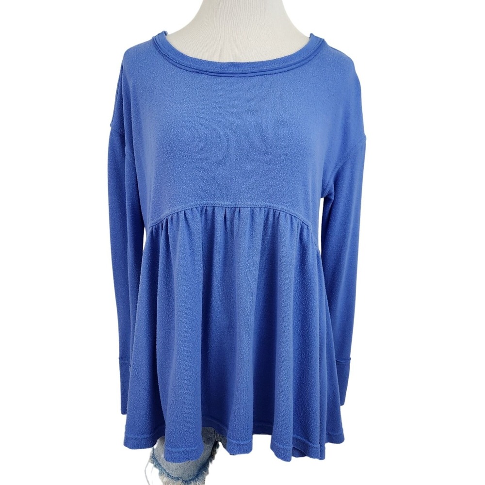 Free People Babydoll Top Women Extra Small Blue Long Sleeve Peplum Knit